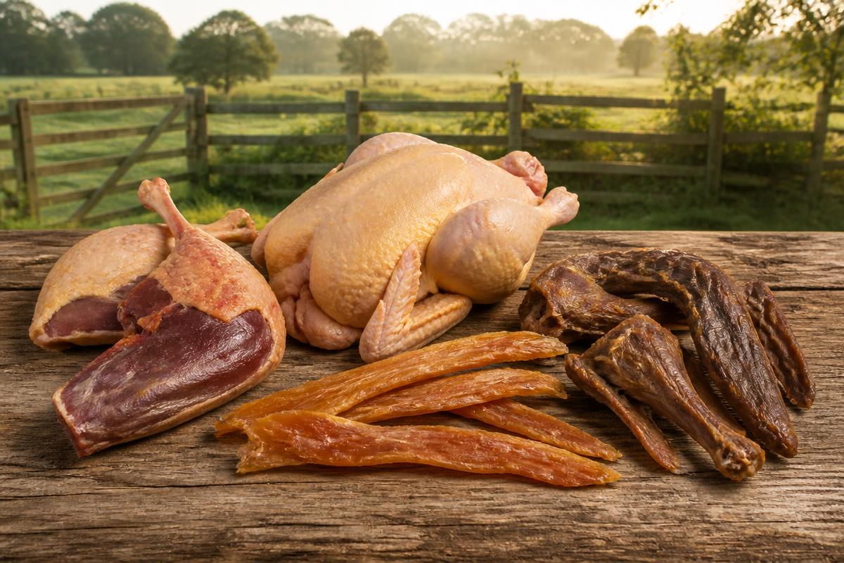 Chicken, duck and dehydrated poultry treats on a farm table