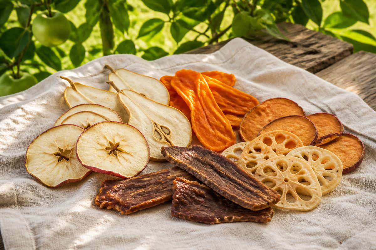 Dried orchard fruit, root vegetables and lean meat in a harvest setting