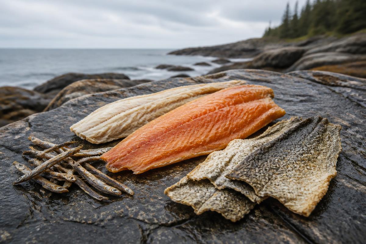 Dehydrated salmon, cod, anchovies and fish skin beside a rocky coastline
