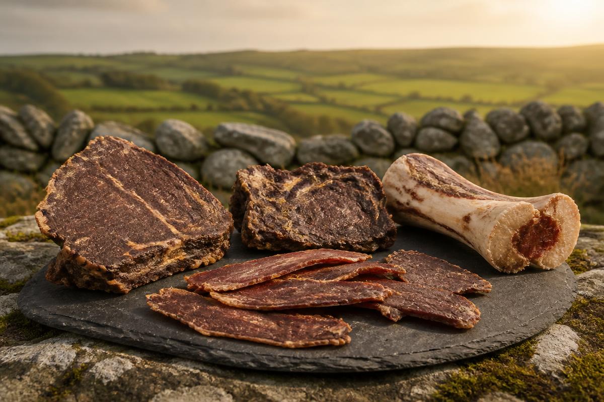 Dehydrated beef and lamb cuts with a natural bone in open pasture