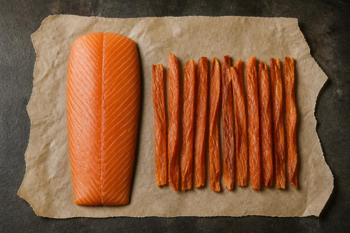 A single salmon fillet beside plain dehydrated salmon strips